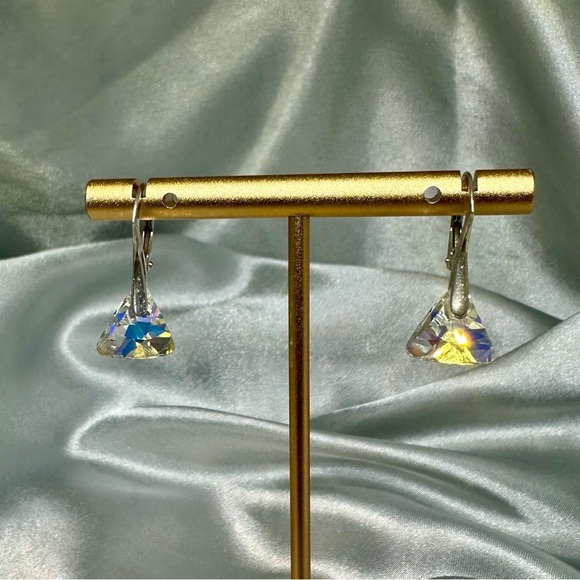 Sterling Silver Triangle Drop Earrings – Swarovski Elements, AB Finish - Picture 3 of 10